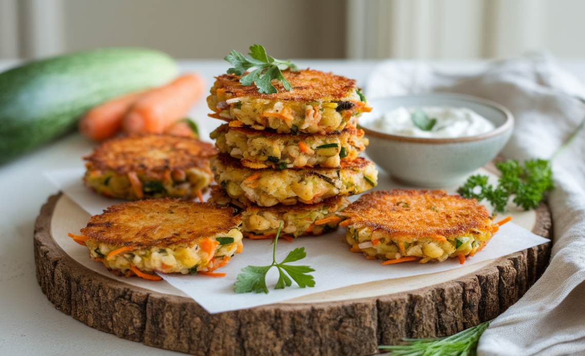 Golden-brown crispy chickpea fritters with fresh vegetables, served on a white plate with yogurt dipping sauce.