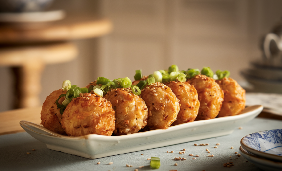 Golden-brown Chinese shrimp balls served with dipping sauce and garnished with fresh herbs on a white platter.