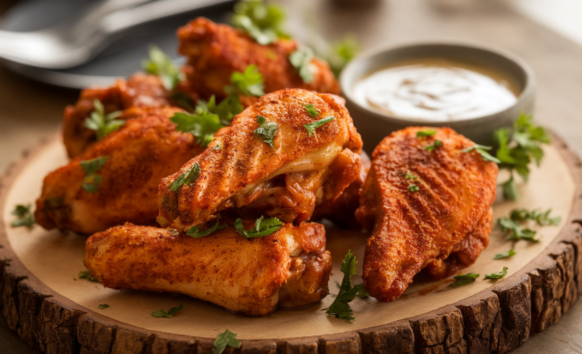 Golden crispy chicken wings coated with a smoky dry rub seasoning, served on a rustic wooden board with a side of dipping sauce.