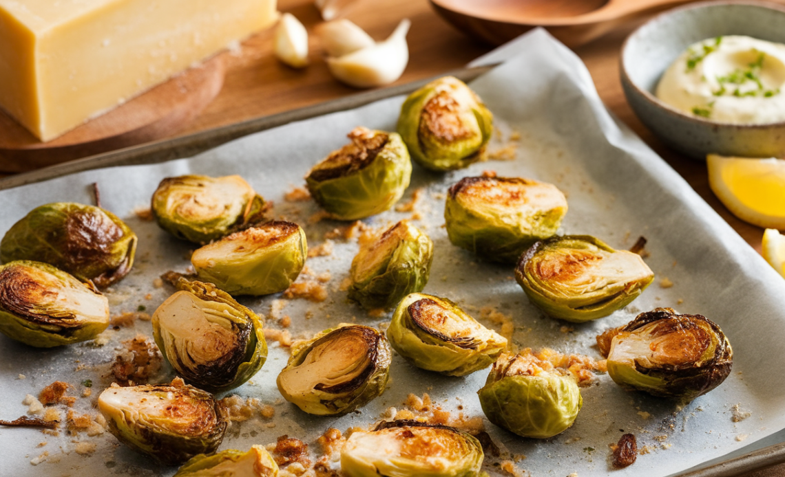 Crispy roasted Brussels sprouts topped with golden garlic, grated Parmesan, and a drizzle of olive oil in a white ceramic bowl.