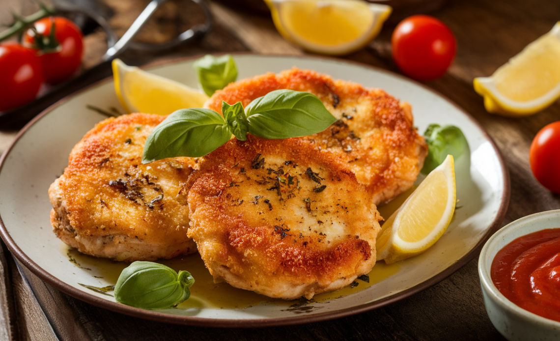 Juicy Italian basil chicken cutlets with golden crust, fresh basil leaves, and lemon wedges on a white plate.