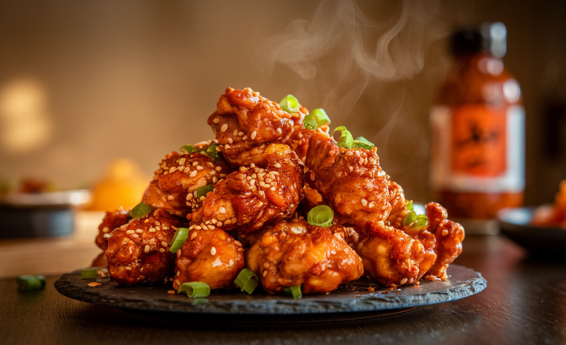Crispy Korean popcorn chicken (Dakgangjeong) in a white bowl, garnished with sesame seeds and green onions, served with a spicy-sweet glaze.