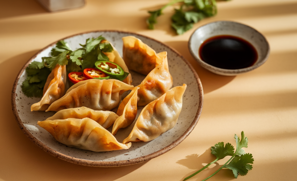 Homemade rice paper dumplings filled with shrimp, vegetables, and herbs, pan-fried until crispy, served with dipping sauce.