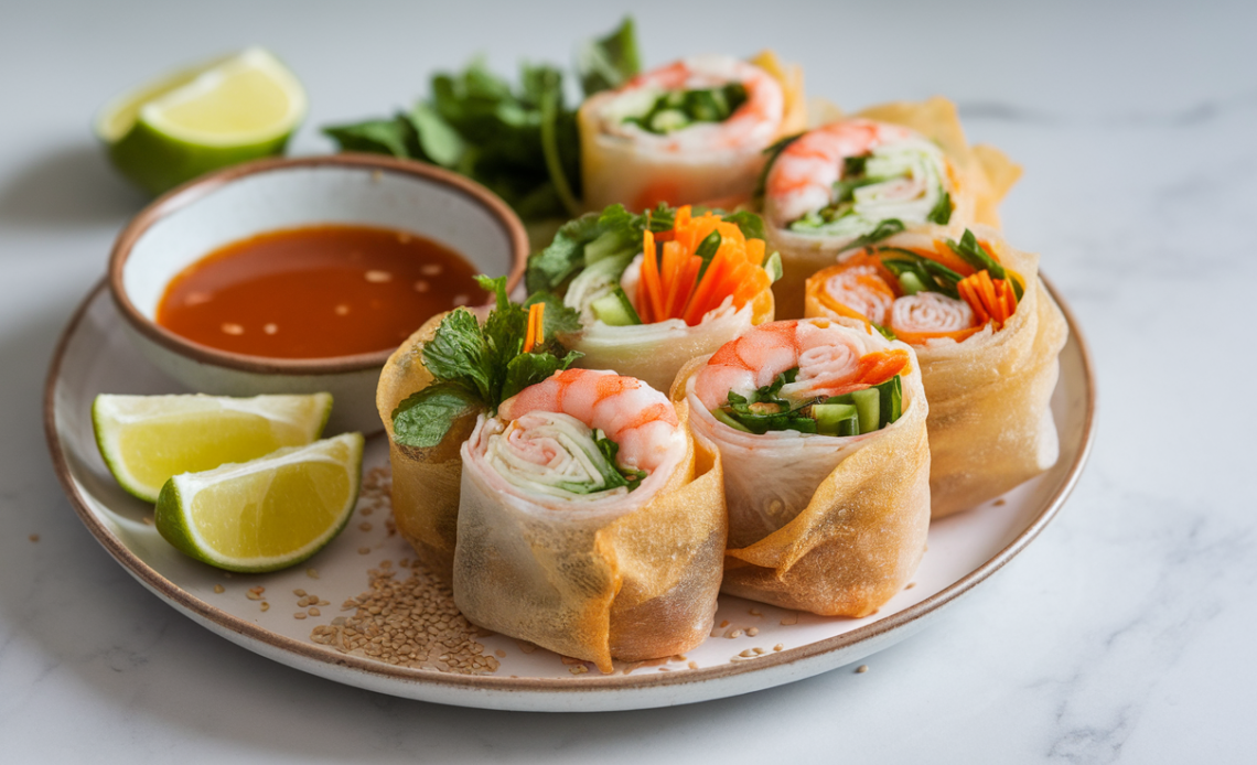 Homemade crispy rice paper rolls with shrimp, fresh herbs, and vegetables, served with a tangy dipping sauce on a wooden board.