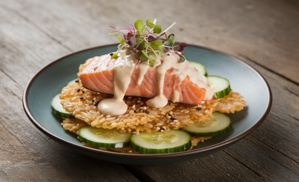 Crispy Rice Salmon Cucumber Salad with creamy Asian dressing, topped with sesame seeds and fresh herbs on a white plate.