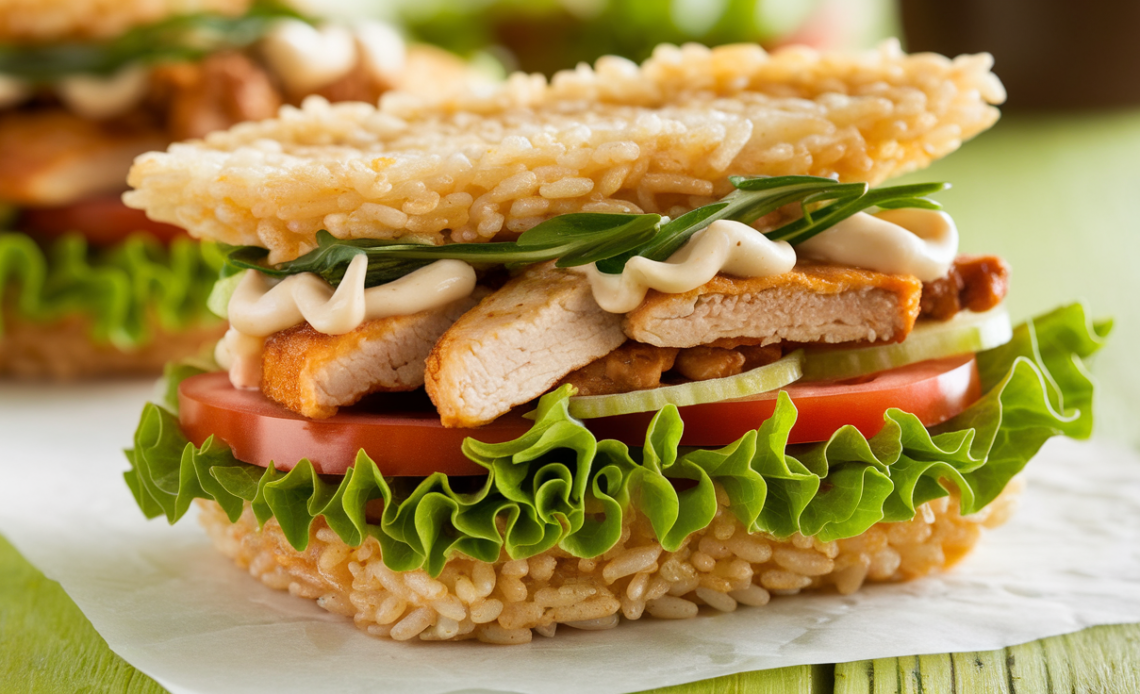 Homemade crispy rice sandwich with spicy tuna, avocado, and sesame seeds on toasted rice blocks.