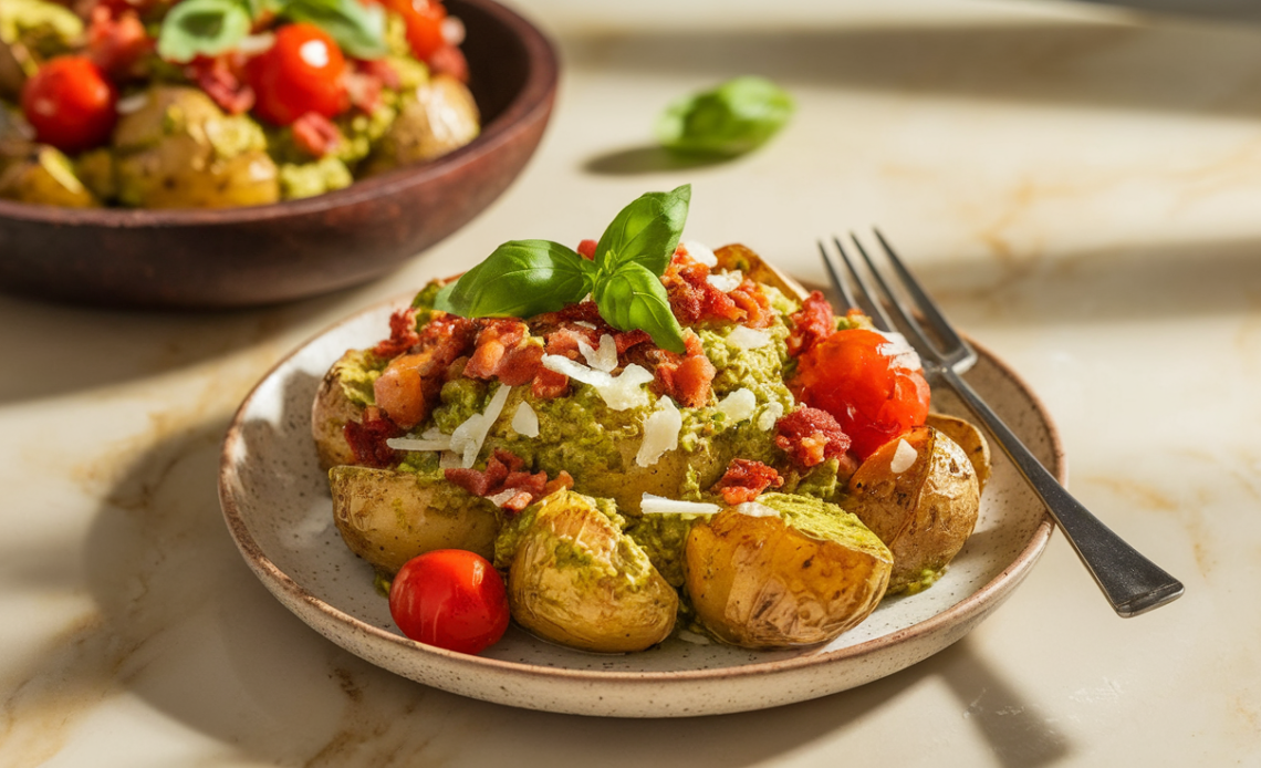 Golden roasted potatoes tossed in vibrant green pesto, fresh cherry tomatoes, and arugula in a white bowl, garnished with Parmesan shavings.