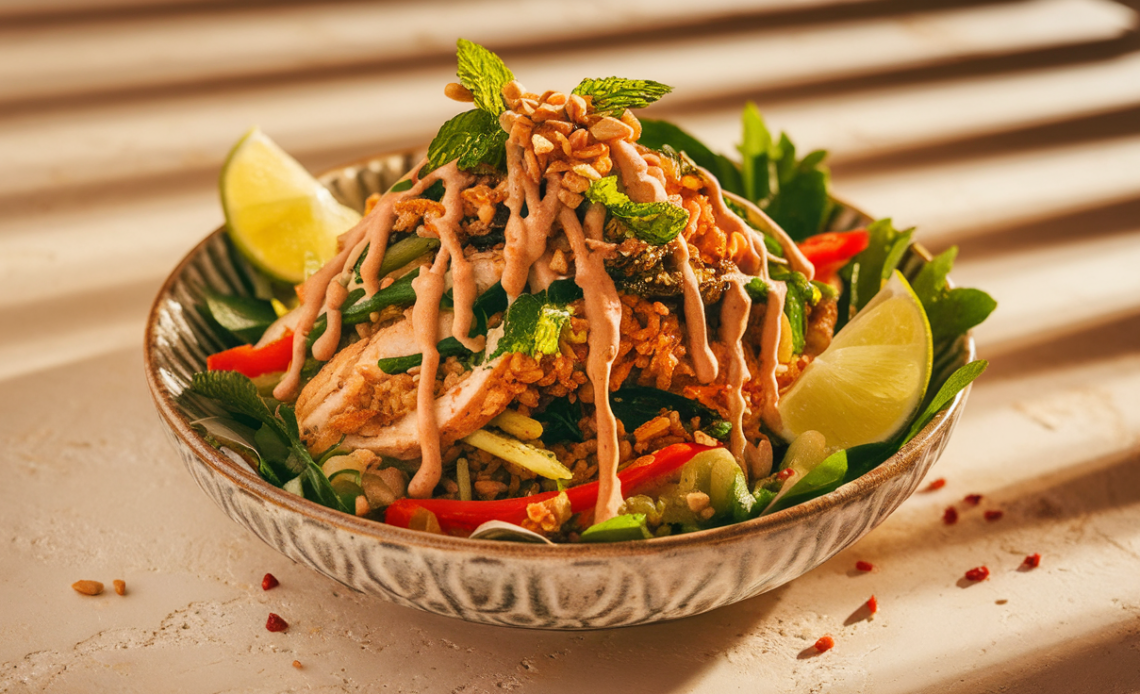 Crispy golden rice salad topped with peanut satay sauce, fresh herbs, and chili on a wooden table.