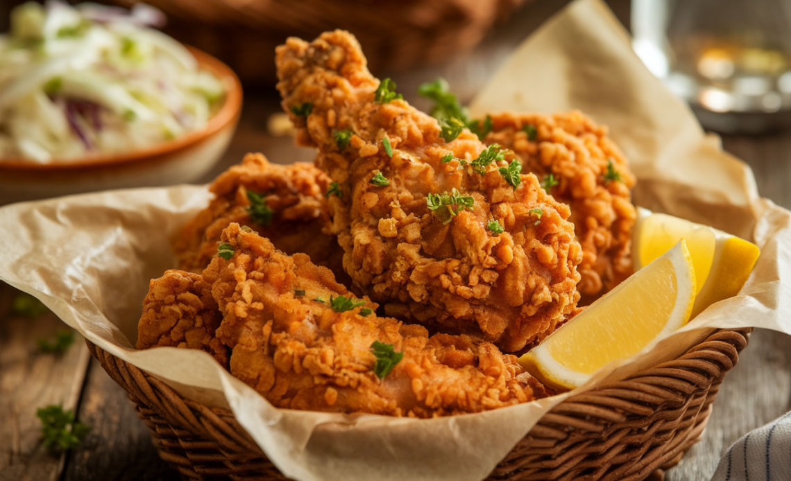Crispy golden vegan fried chicken with a crunchy breading, served on a wooden board with fresh herbs and dipping sauce.