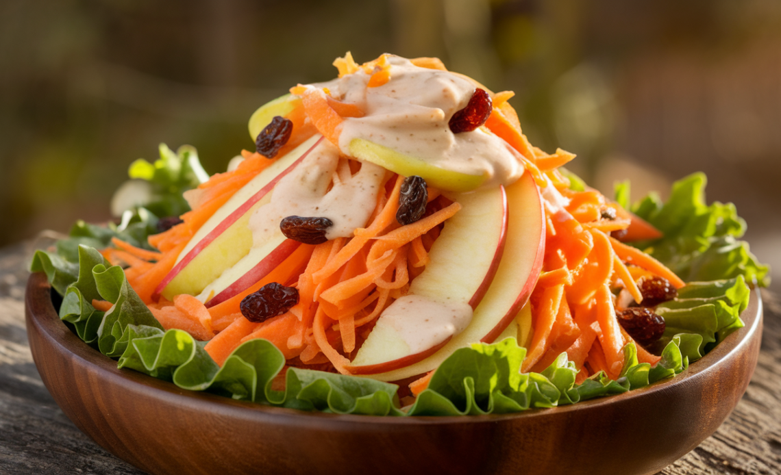 Fresh crunchy apple and carrot salad with creamy citrus dressing, topped with nuts and herbs in a white bowl