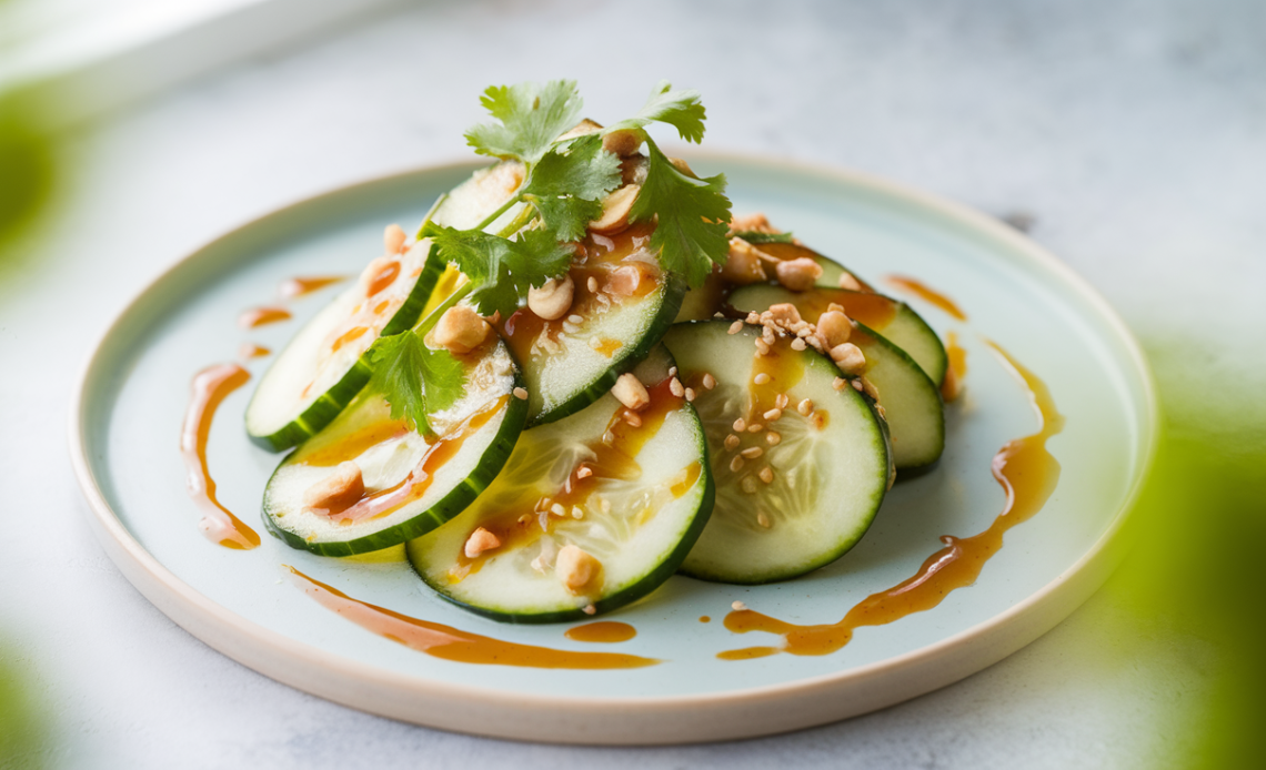 Fresh cucumber salad with spicy chili oil, crushed peanuts, and herbs in a white bowl, garnished with sesame seeds.