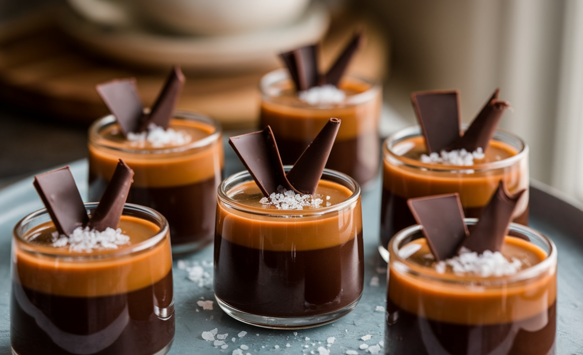 Close-up of dark chocolate pots de crème topped with caramel sauce and a sprinkle of sea salt in small glass jars.