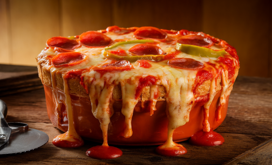 Freshly baked deep dish pizza pot pie with melted cheese, savory tomato sauce, and pepperoni, served in a cast-iron skillet.