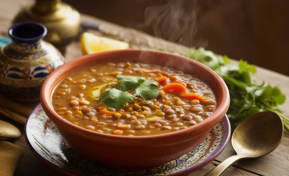 Bowl of Detox Moroccan Lentil Soup garnished with fresh herbs and lemon slices on a rustic wooden table.