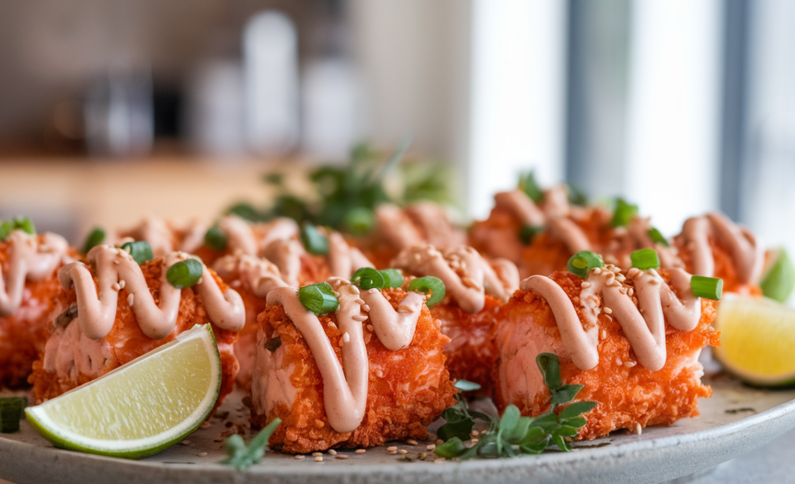 Close-up of crispy salmon bites drizzled with creamy bang bang sauce, garnished with chopped green onions and sesame seeds on a white plate.