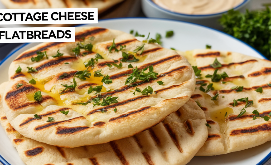 Close-up of a golden-brown flatbread topped with creamy cottage cheese, fresh herbs, and a drizzle of olive oil.