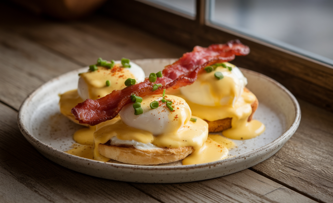 Homemade Eggs Benedict with perfectly poached eggs, creamy hollandaise sauce, crispy English muffins, and savory ham on a white plate, garnished with fresh chives.