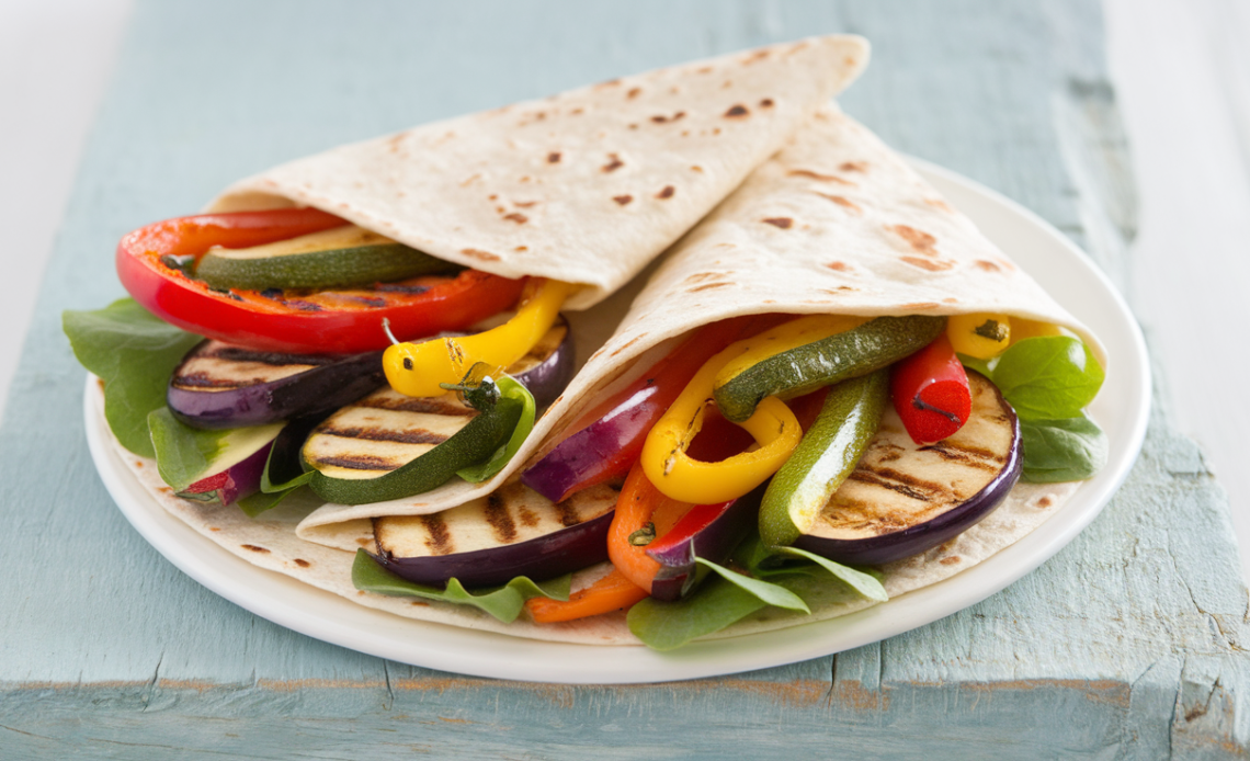 Colorful grilled vegetable wrap with charred peppers, zucchini, and fresh greens, neatly rolled in a whole wheat tortilla.