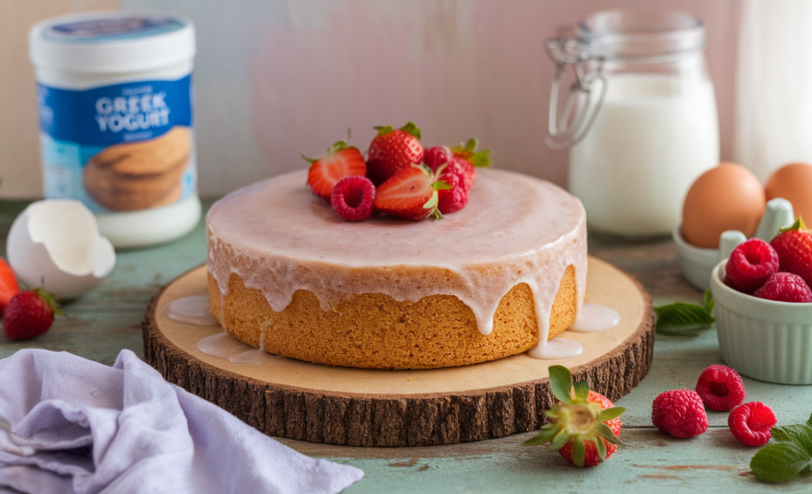 Moist and fluffy keto yogurt cake sliced on a white plate, garnished with fresh berries and mint leaves.