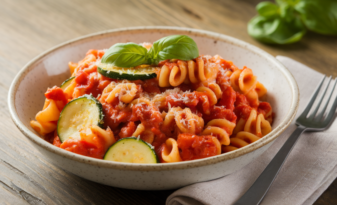 Fresh tomato zucchini pasta in a white bowl with basil garnish, topped with grated Parmesan cheese.