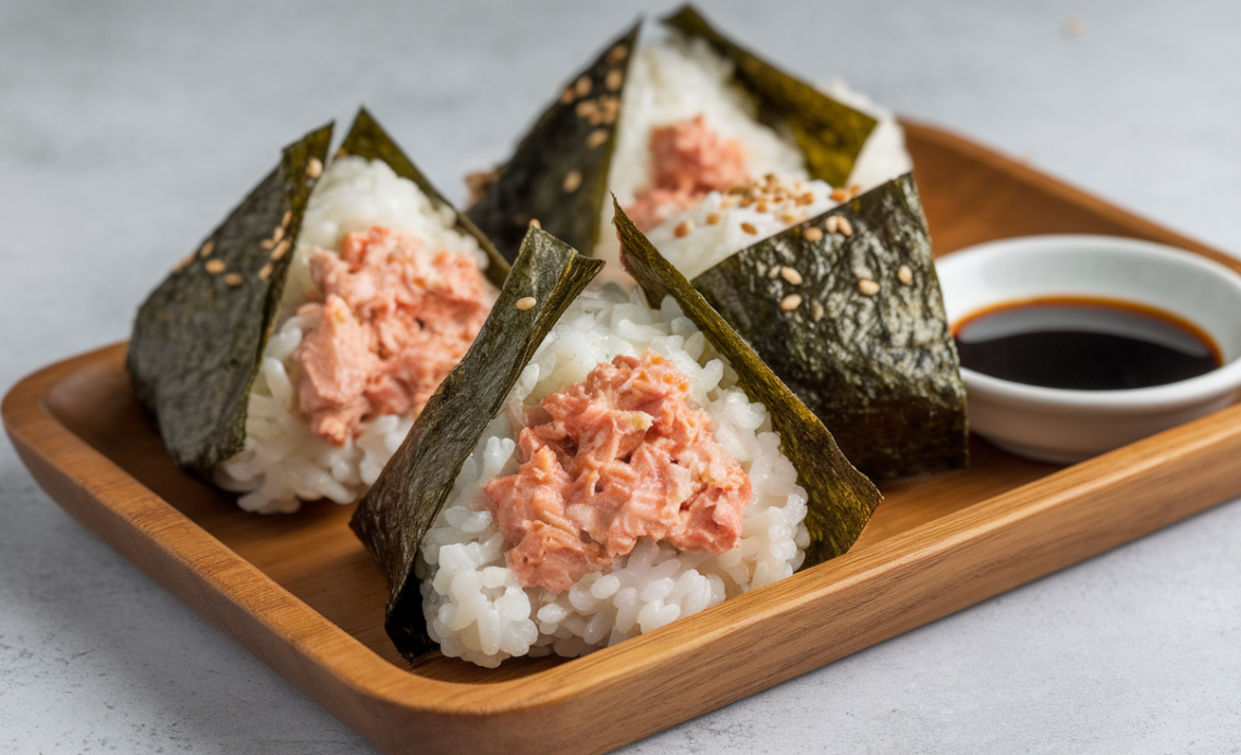 Close-up of handmade tuna mayo rice balls (onigiri) wrapped in nori seaweed, filled with creamy tuna mayo mixture, arranged on a white plate.
