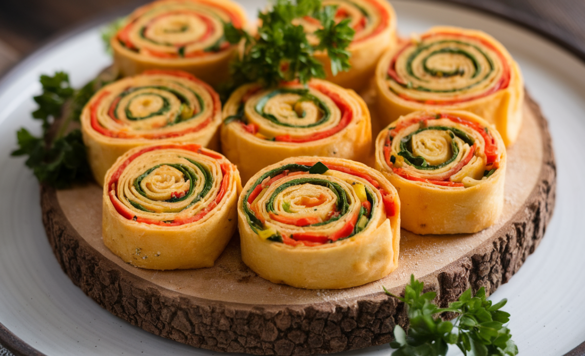 Freshly made flatbread pinwheels with cream cheese, spinach, and roasted red peppers, sliced and arranged on a white plate.