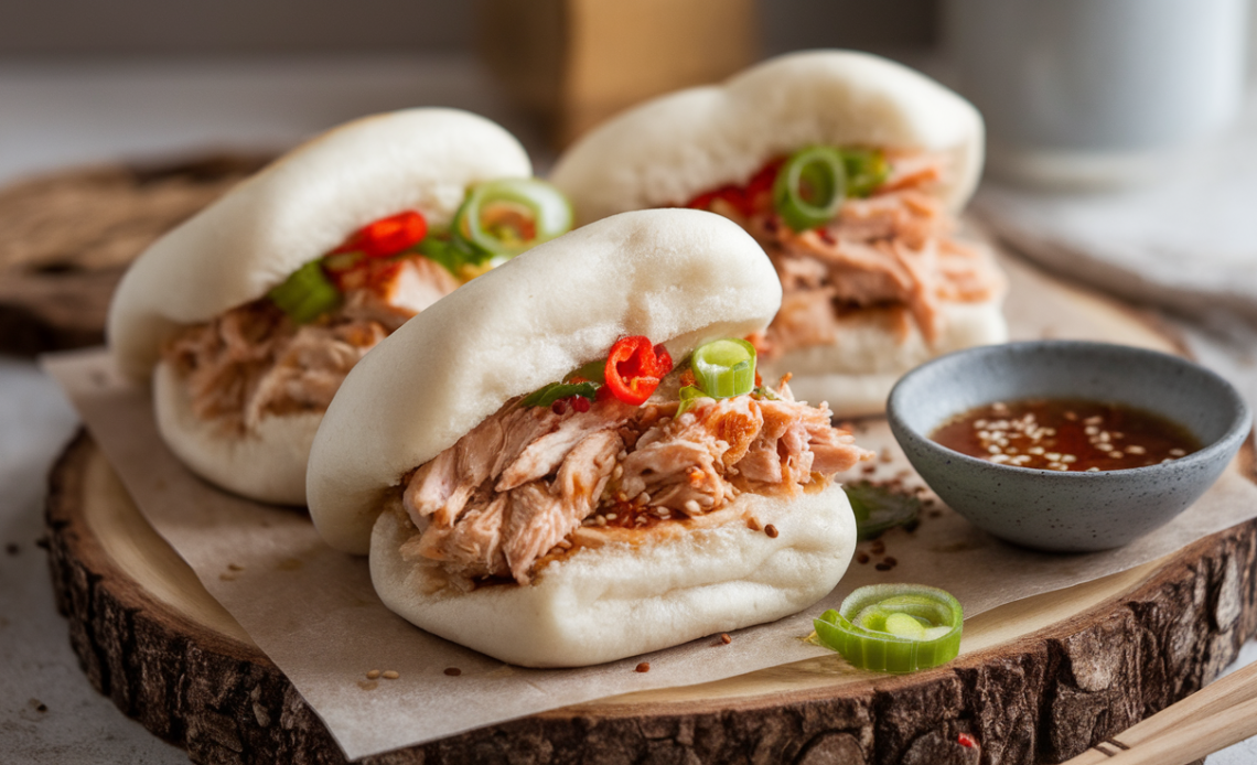 Steamed fluffy bao buns filled with tender spiced chicken, fresh cucumber, and scallions, drizzled with hoisin sauce on a wooden plate.