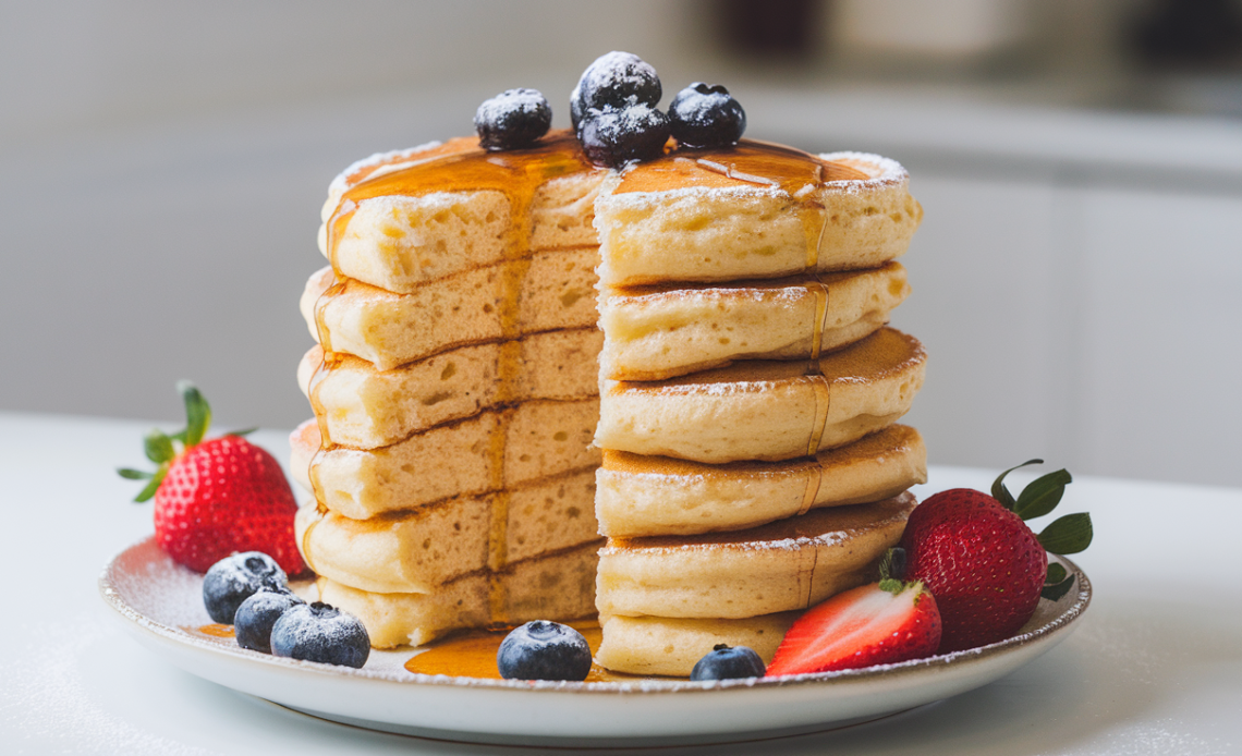 Stack of three fluffy Japanese soufflé pancakes topped with fresh strawberries, whipped cream, and maple syrup drizzles.