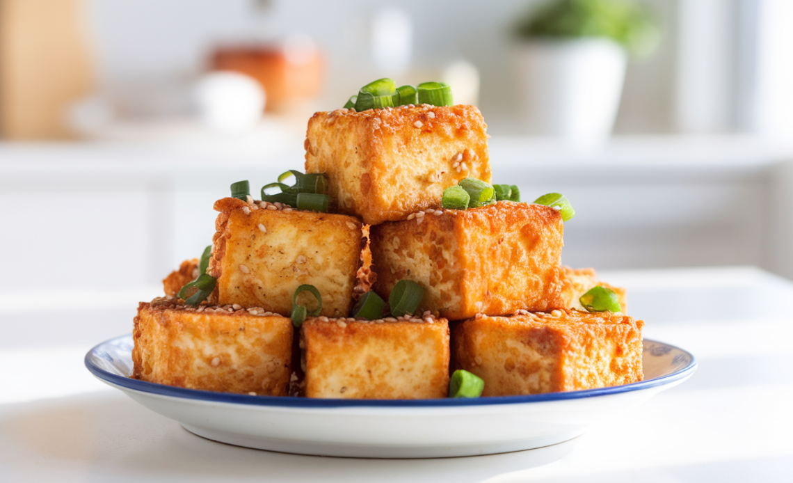Golden-brown crispy air fried tofu cubes served on a white plate with a sprinkle of green herbs.