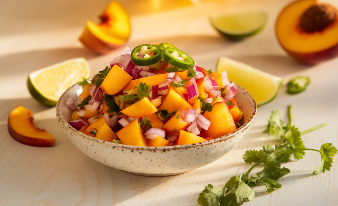 Fresh peach salsa in a white bowl with diced peaches, red onions, cilantro, jalapeños, and lime wedges on a rustic wooden table.