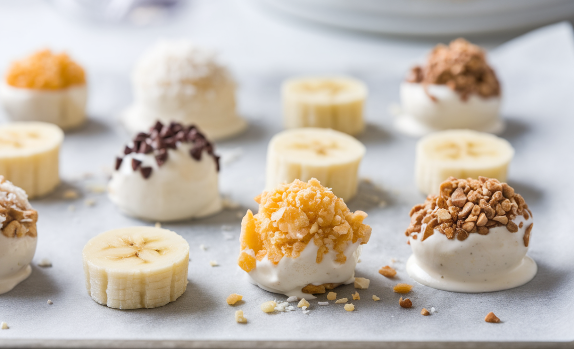 A close-up of frozen banana yogurt bites arranged on a parchment-lined tray, each topped with granola and a drizzle of honey.
