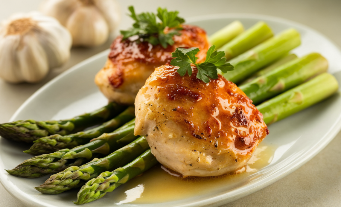 Juicy garlic butter chicken bites with tender asparagus in a skillet, garnished with parsley and lemon slices.