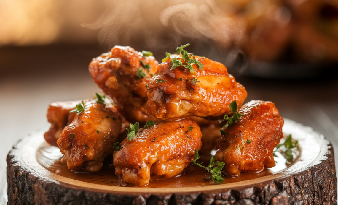 Crispy golden garlic butter chicken wings garnished with fresh parsley on a wooden board.