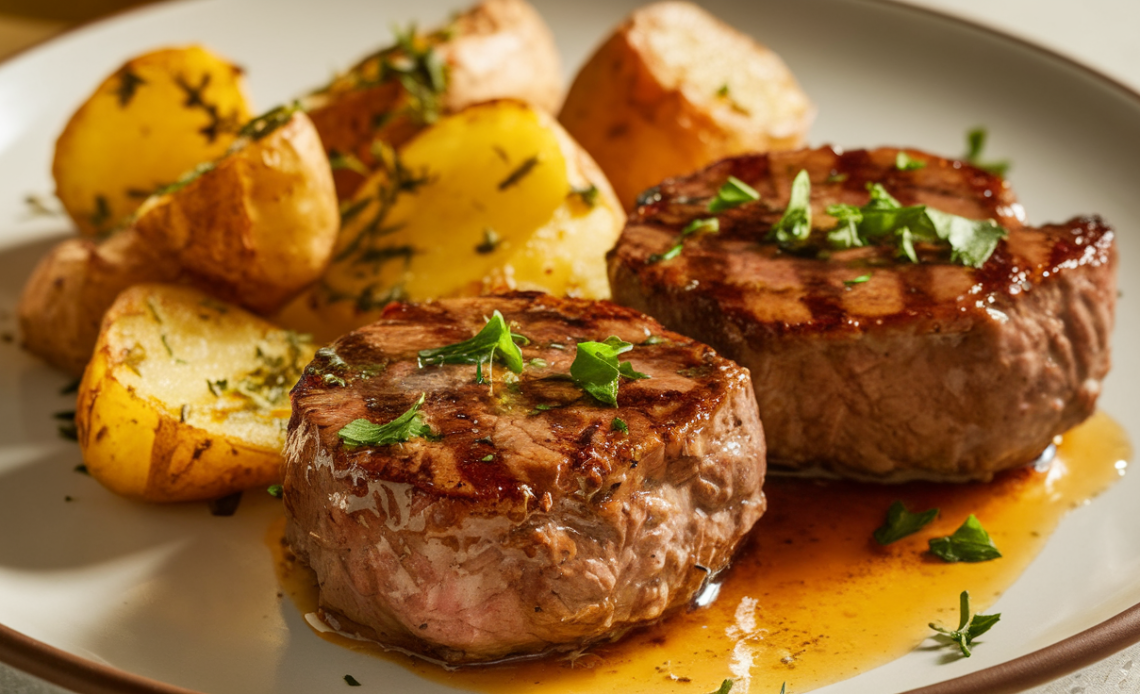 Close-up of garlic butter steak bites and crispy roasted potatoes garnished with fresh herbs.