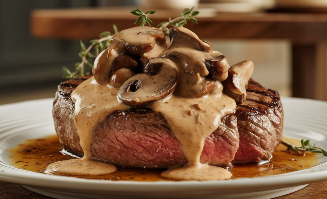 Juicy grilled steak topped with creamy mushroom sauce, garnished with fresh thyme and melted garlic butter, served on a white plate.