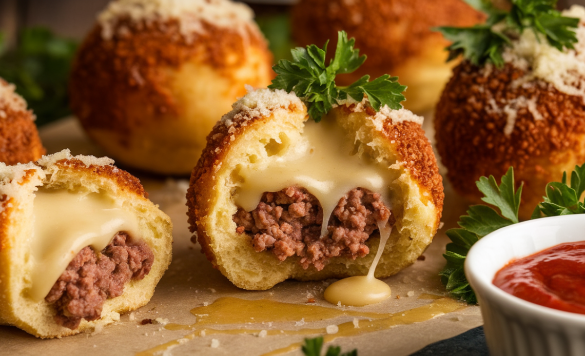 Freshly baked Garlic Parmesan Cheeseburger Bombs on a wooden board, topped with melted cheese and herbs, served with a side of marinara sauce.
