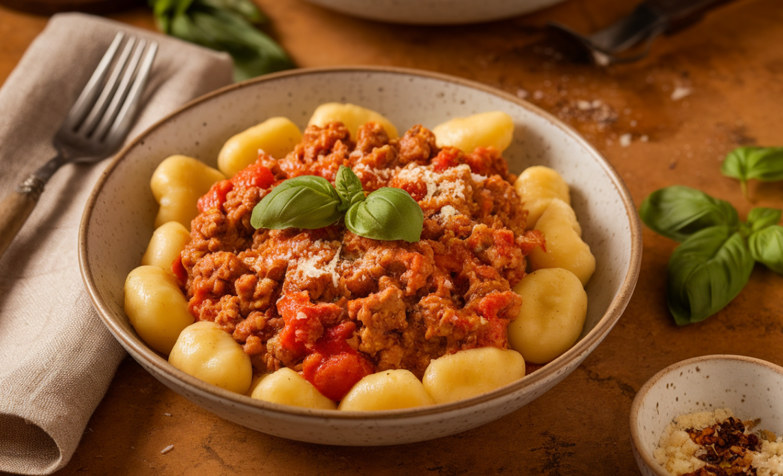 Homemade gnocchi with rich Bolognese sauce, topped with Parmesan cheese and fresh basil.