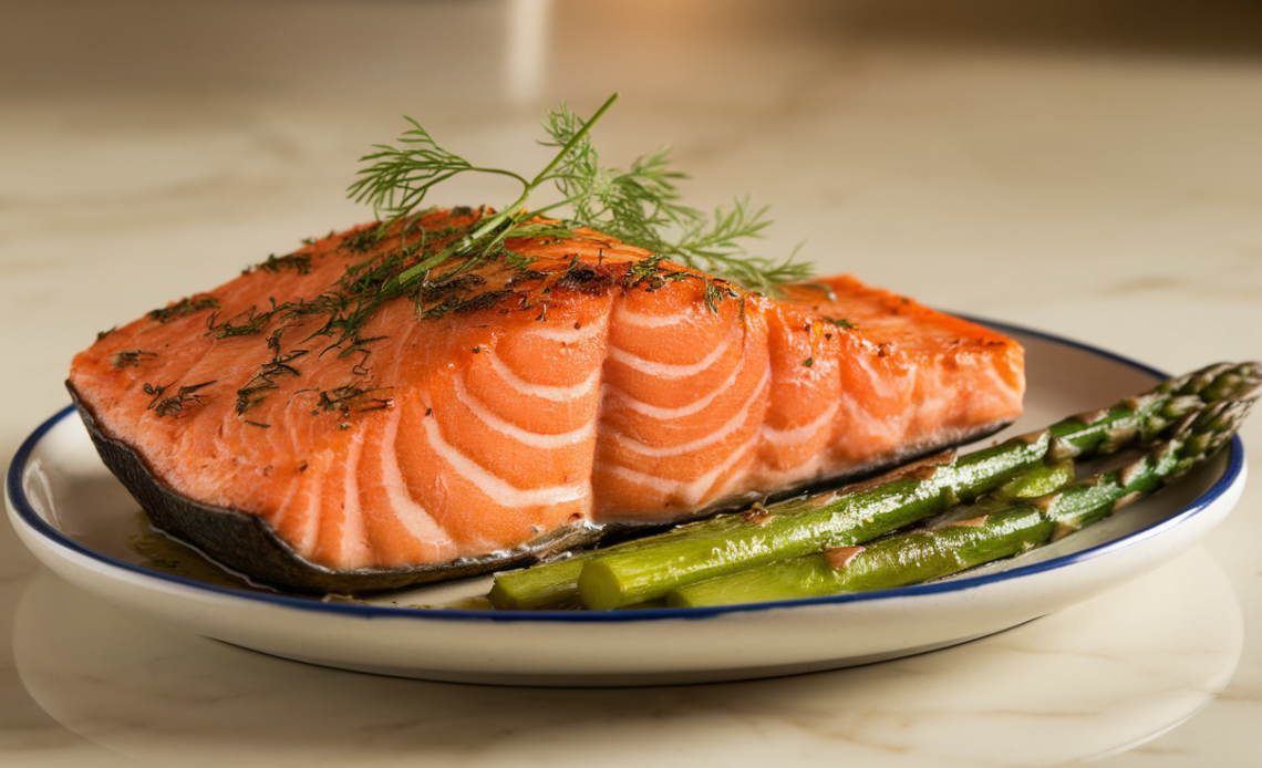 Gordon Ramsay’s pan-seared salmon with crispy skin, lemon butter sauce, and fresh herbs on a white plate.