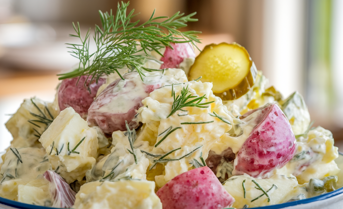 A bowl of creamy potato salad garnished with chopped dill pickles and fresh herbs.