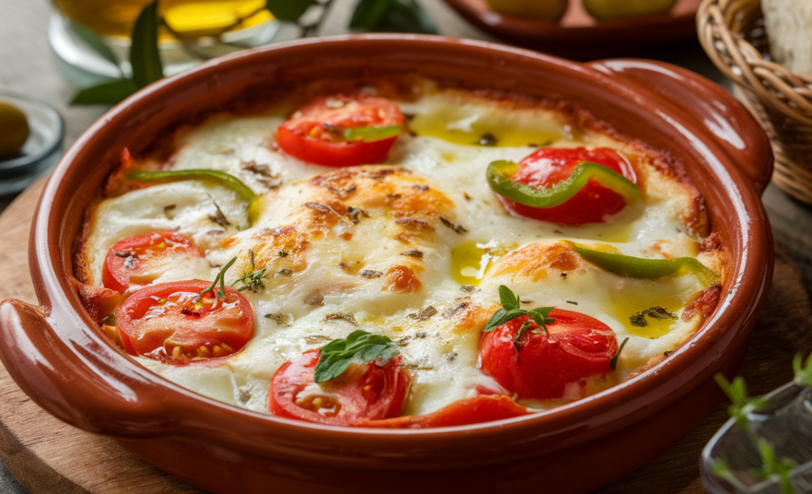 Sizzling Greek Bouyiourdi appetiser with melted feta, tomatoes, and peppers baked in a clay dish, garnished with fresh oregano.