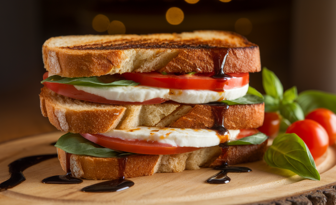 Grilled Caprese Sandwich with melted mozzarella, fresh tomatoes, basil, and balsamic glaze on toasted artisan bread.