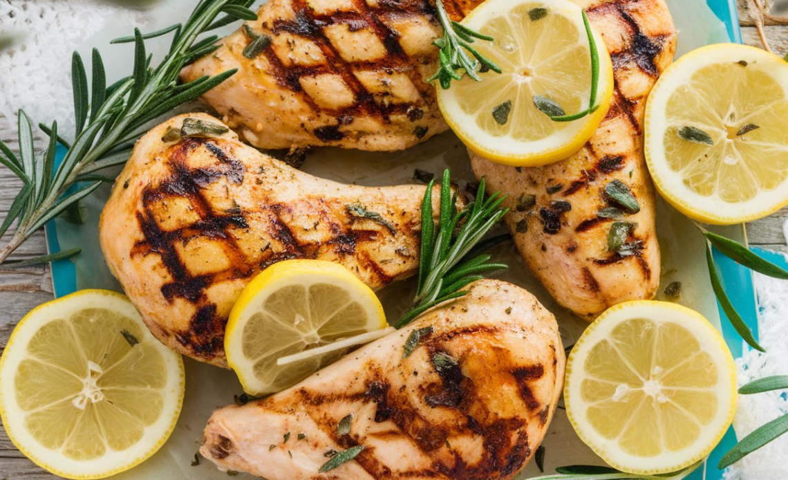 Grilled Greek lemon chicken skewers with herbs and charred grill marks on a wooden platter.