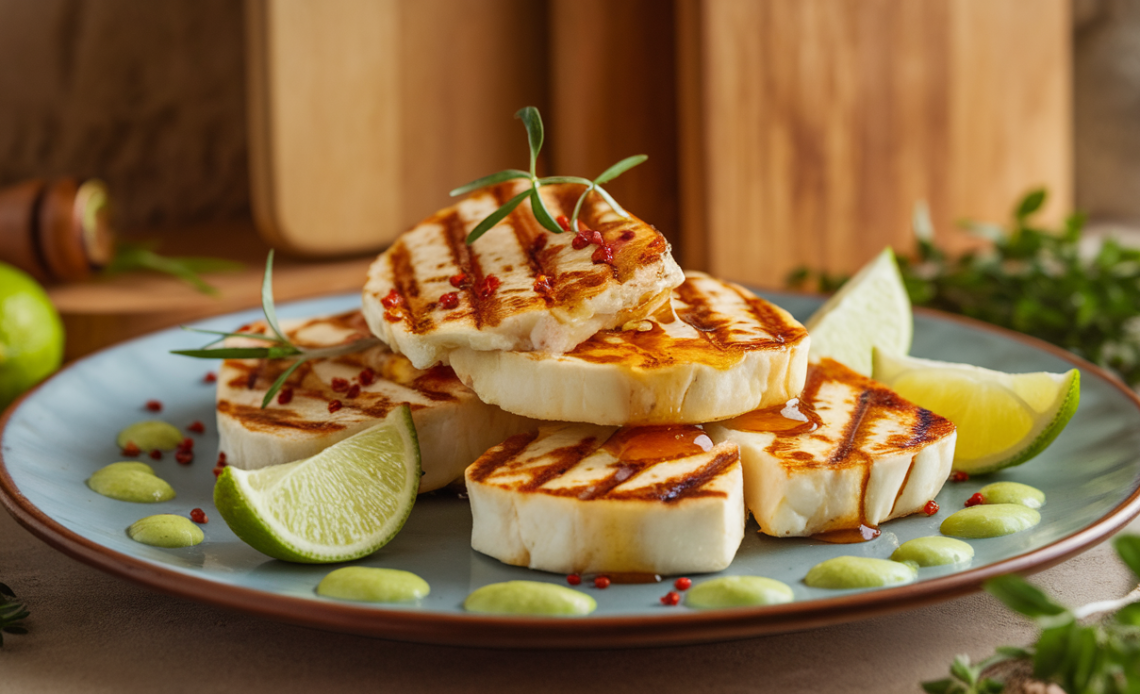 Grilled halloumi cheese slices topped with chili flakes, drizzled with honey and lime sauce, served on a rustic wooden board.