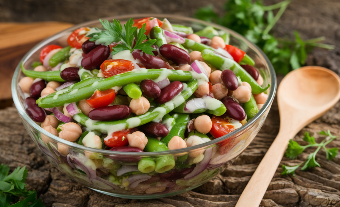 Colorful 3-bean salad in a glass bowl with green beans, kidney beans, chickpeas, red onions, and fresh parsley, drizzled with a tangy vinaigrette.