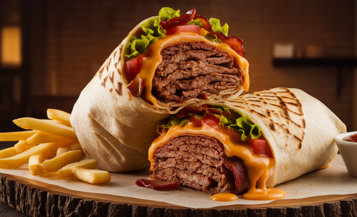 Massive bacon cheeseburger burrito stuffed with ground beef, melted cheese, crispy bacon, lettuce, tomato, and special sauce, wrapped in a toasted flour tortilla.