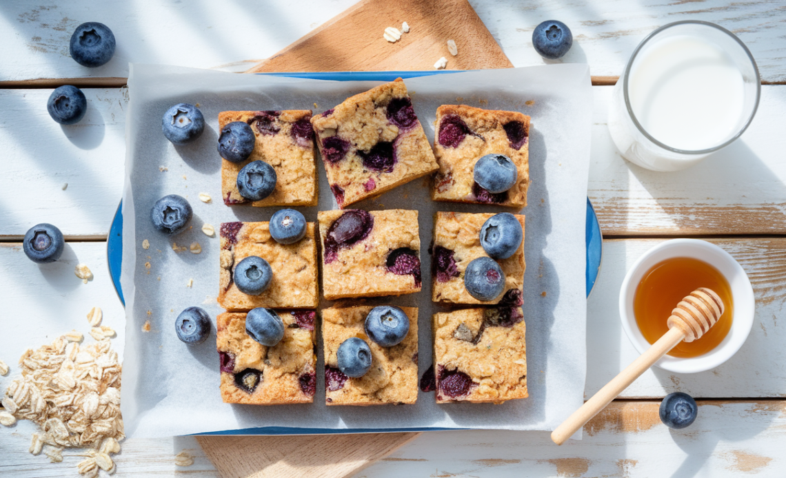 Homemade healthy blueberry oat bars with a crumbly oat topping, fresh blueberries, and a golden-brown crust, served on a white plate.