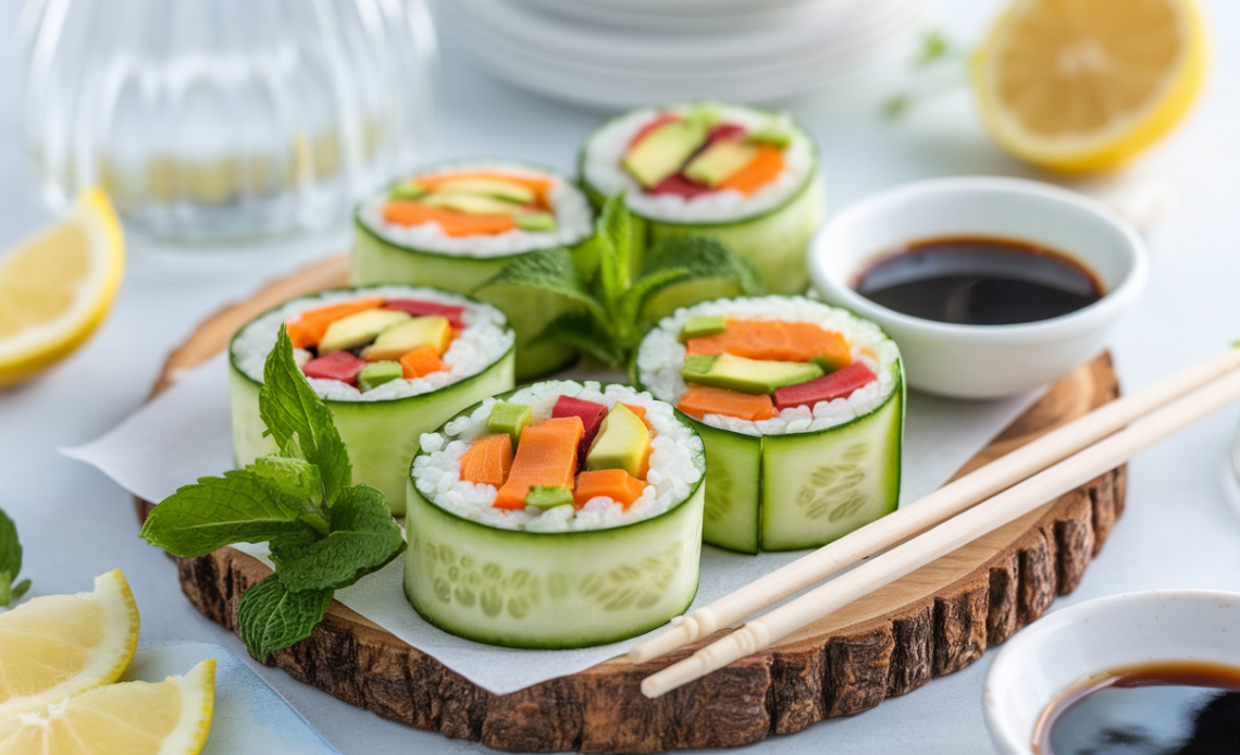 Fresh cucumber sushi rolls filled with avocado, crabstick, and carrots on a bamboo mat with soy sauce and chopsticks.