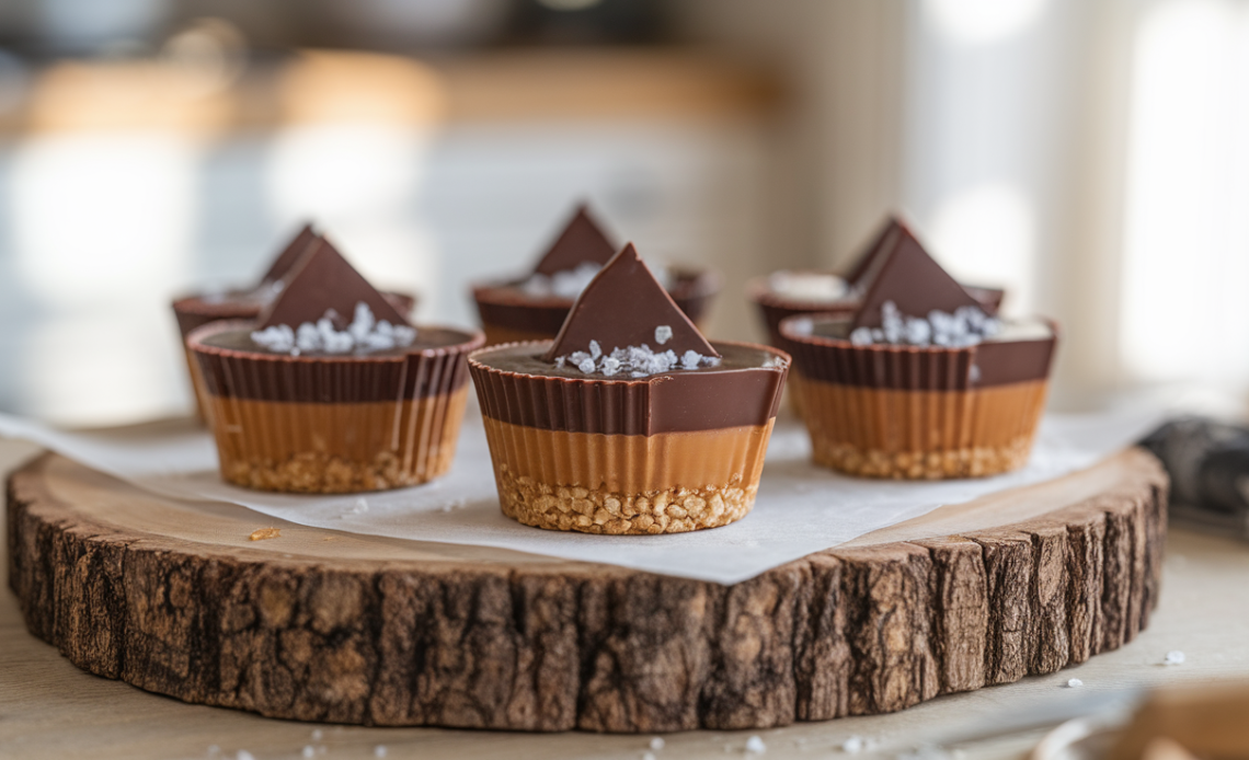 Vegan healthy Twix cups stacked on a plate with a bite taken from one, showing layers of caramel, chocolate, and cookie base.