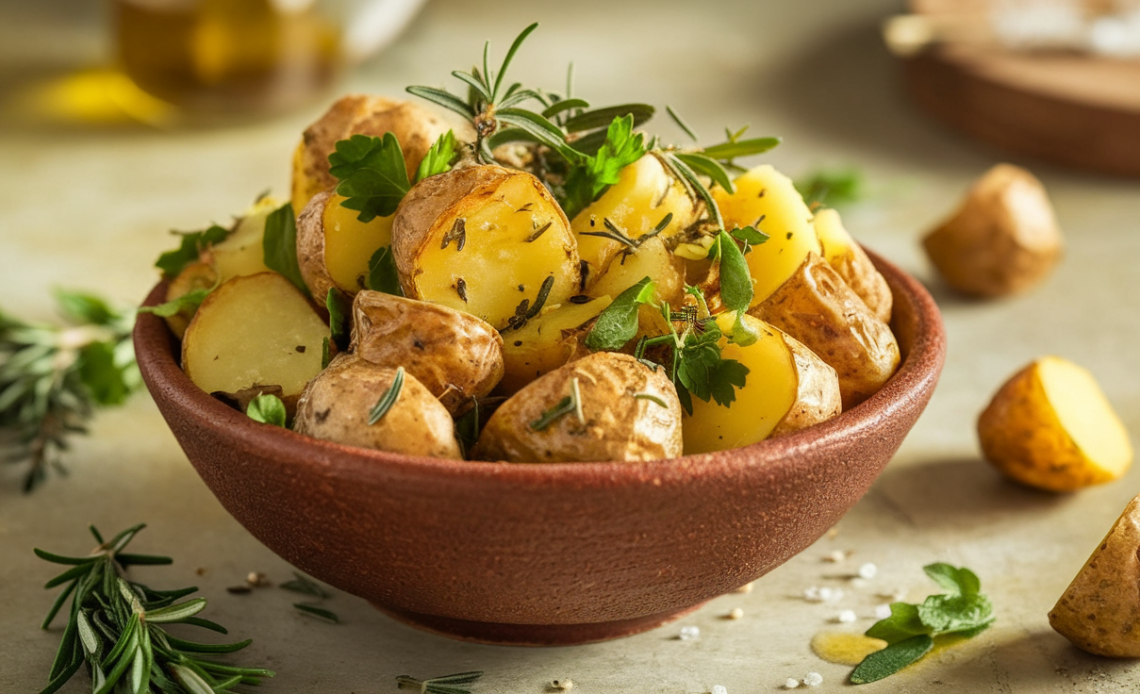 Golden roasted potato salad with fresh herbs, crispy edges, and a creamy dressing in a white bowl, garnished with parsley.