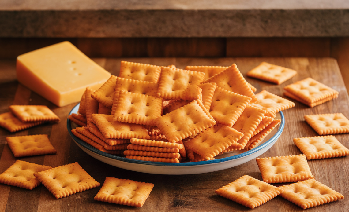 Close-up of crispy, golden homemade Cheez Its crackers on a white plate.